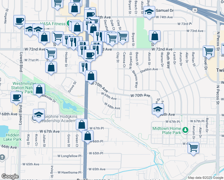 map of restaurants, bars, coffee shops, grocery stores, and more near 7021 Clay Street in Westminster