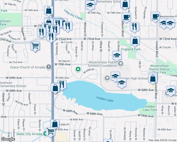 map of restaurants, bars, coffee shops, grocery stores, and more near 4703 West 69th Drive in Westminster