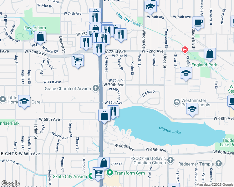 map of restaurants, bars, coffee shops, grocery stores, and more near 5081 West 69th Loop in Westminster