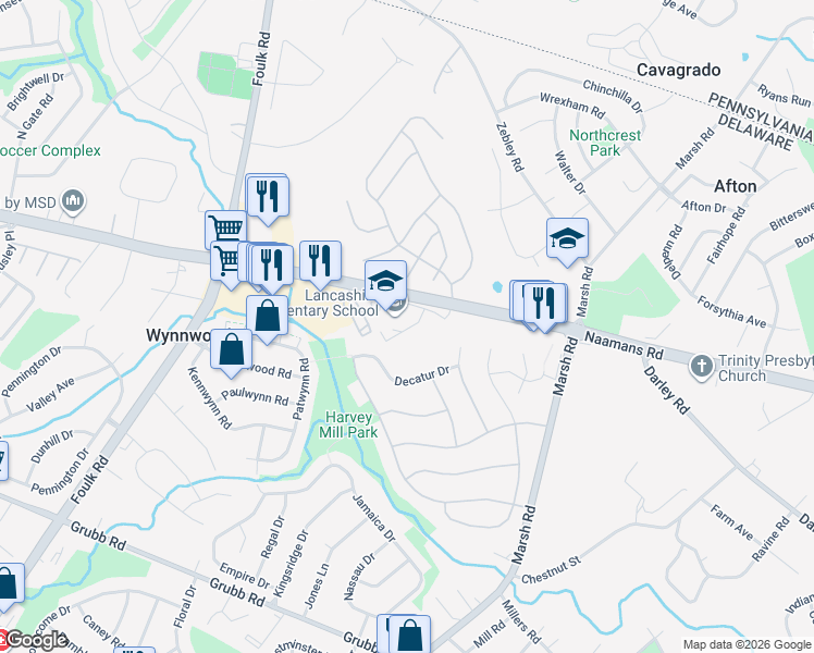 map of restaurants, bars, coffee shops, grocery stores, and more near 1911 Naamans Road in Wilmington