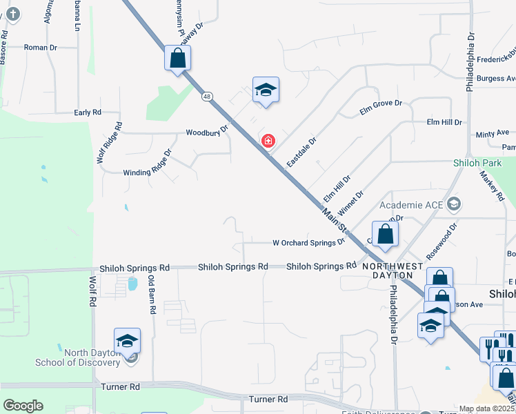 map of restaurants, bars, coffee shops, grocery stores, and more near 6401 North Main Street in Dayton