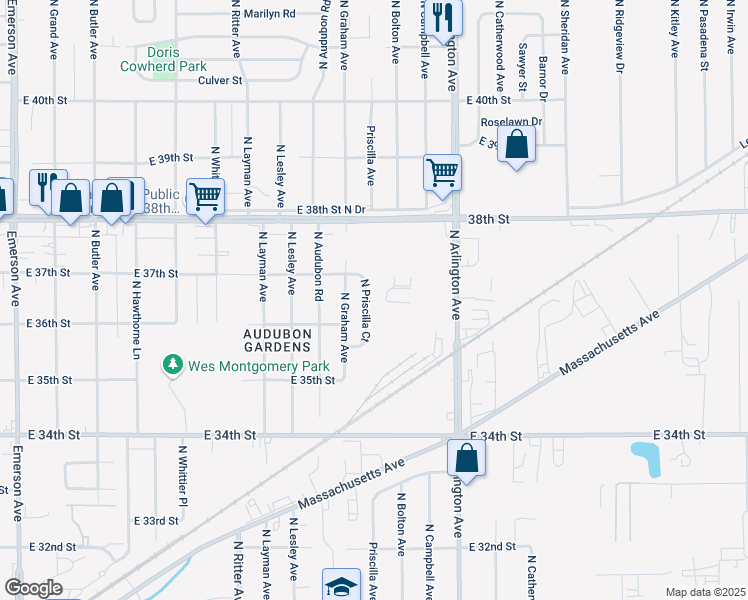 map of restaurants, bars, coffee shops, grocery stores, and more near 3649 North Priscilla Court in Indianapolis