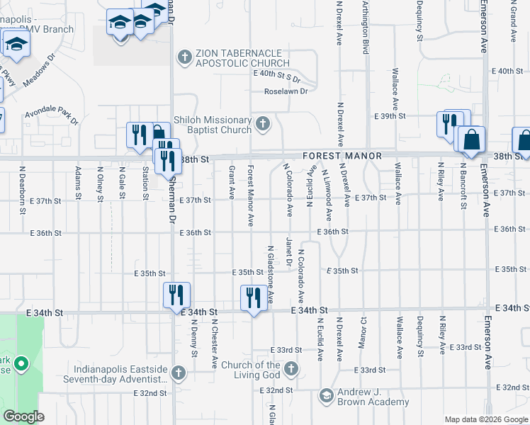 map of restaurants, bars, coffee shops, grocery stores, and more near 3702 North Gladstone Avenue in Indianapolis