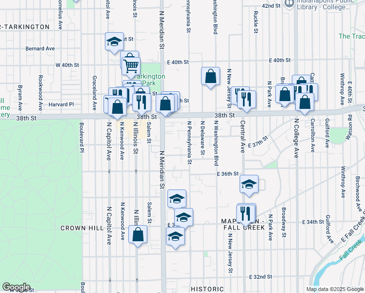 map of restaurants, bars, coffee shops, grocery stores, and more near 3736 North Pennsylvania Street in Indianapolis