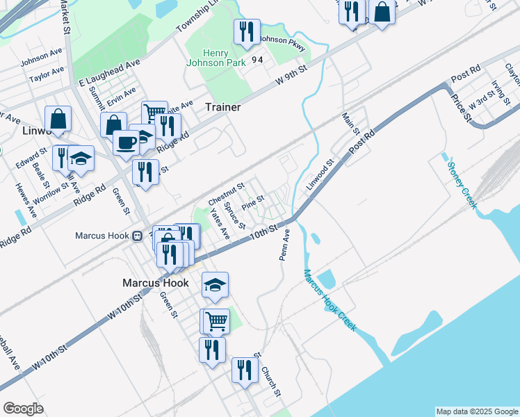 map of restaurants, bars, coffee shops, grocery stores, and more near 15 Cedar Street in Marcus Hook