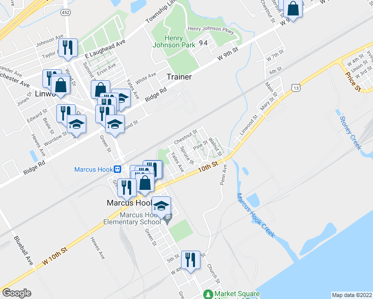map of restaurants, bars, coffee shops, grocery stores, and more near 36 Spruce Street in Marcus Hook