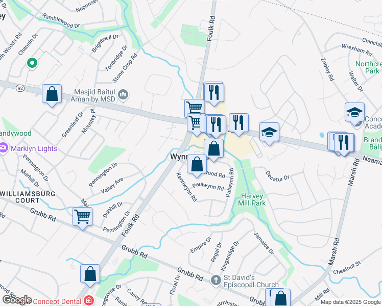 map of restaurants, bars, coffee shops, grocery stores, and more near 2336 Taggart Court in Wilmington