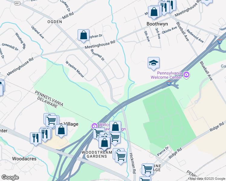 map of restaurants, bars, coffee shops, grocery stores, and more near 1721 Naamans Creek Road in Delaware County