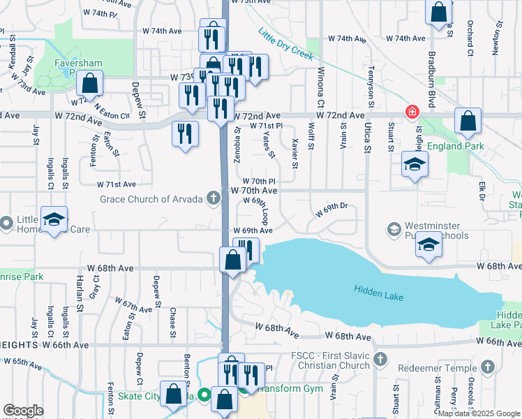 map of restaurants, bars, coffee shops, grocery stores, and more near 5081 West 69th Loop in Westminster