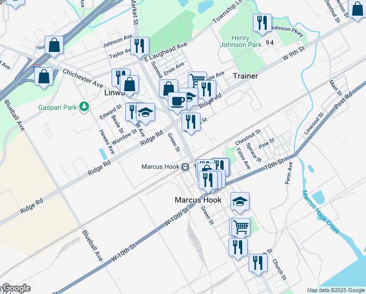 map of restaurants, bars, coffee shops, grocery stores, and more near 1322 Market Street in Linwood