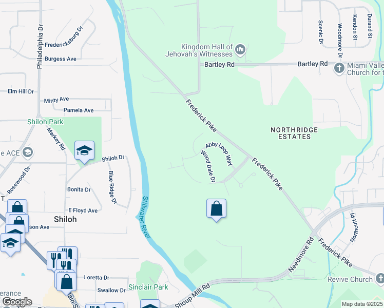 map of restaurants, bars, coffee shops, grocery stores, and more near 5405 Fairford Court in Dayton