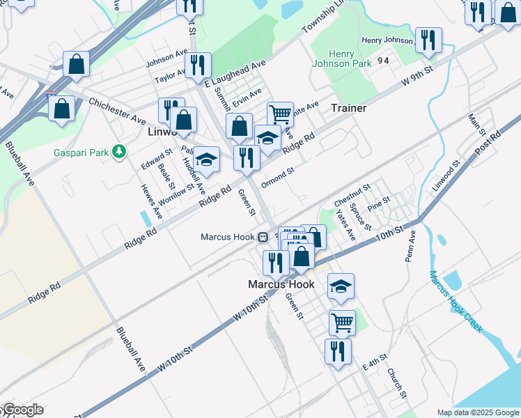 map of restaurants, bars, coffee shops, grocery stores, and more near 1322 Market Street in Linwood