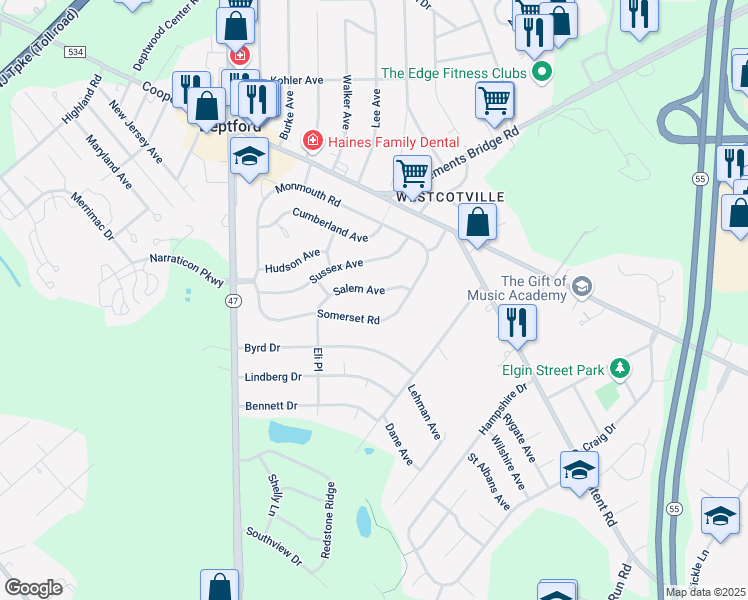 map of restaurants, bars, coffee shops, grocery stores, and more near 1040 Salem Avenue in Deptford