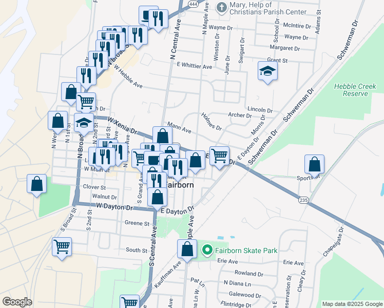 map of restaurants, bars, coffee shops, grocery stores, and more near 121 North Maple Avenue in Fairborn
