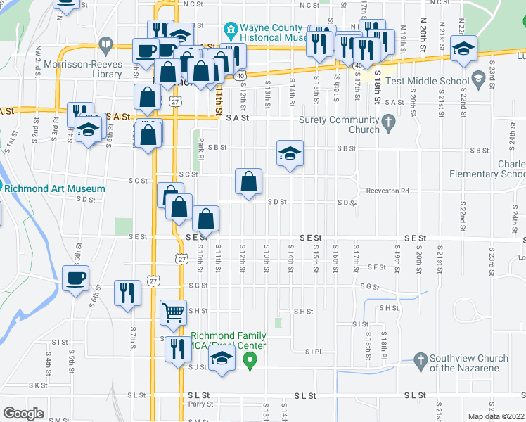 map of restaurants, bars, coffee shops, grocery stores, and more near 410 South 13th Street in Richmond