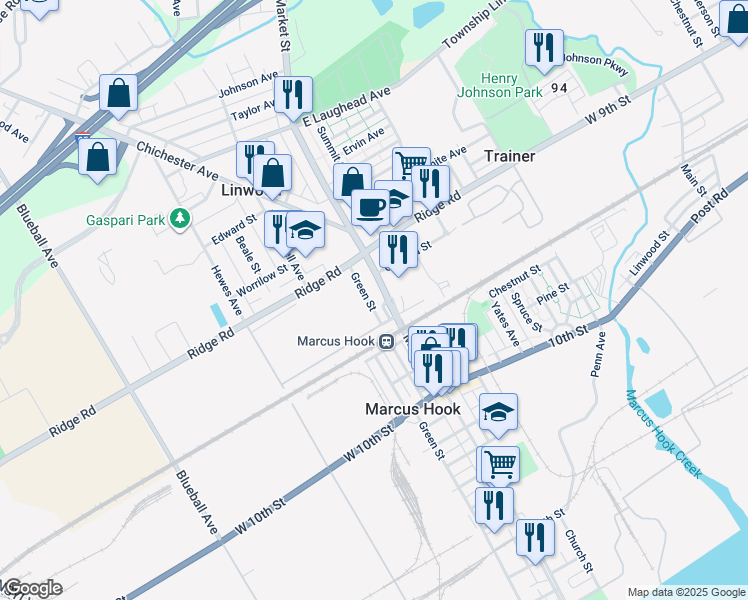 map of restaurants, bars, coffee shops, grocery stores, and more near 1327 Green Street in Linwood