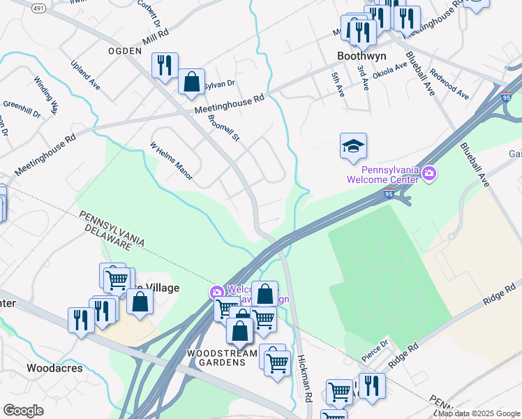 map of restaurants, bars, coffee shops, grocery stores, and more near 1721 Naamans Creek Road in Delaware County