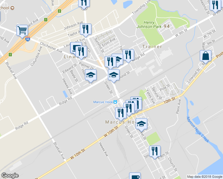 map of restaurants, bars, coffee shops, grocery stores, and more near 1327 Green Street in Linwood
