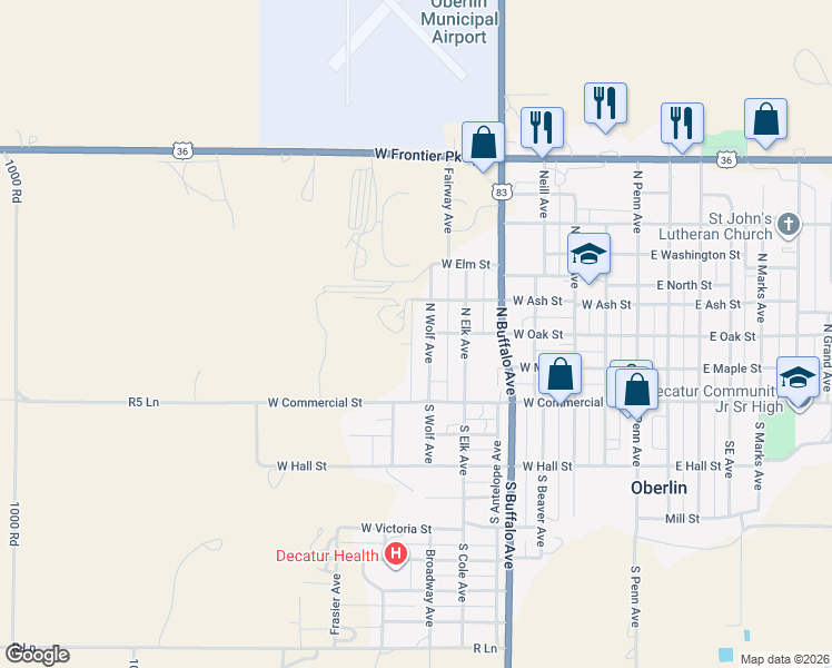 map of restaurants, bars, coffee shops, grocery stores, and more near 210 North Wolf Avenue in Oberlin