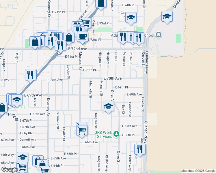map of restaurants, bars, coffee shops, grocery stores, and more near 6990 Newport Street in Commerce City