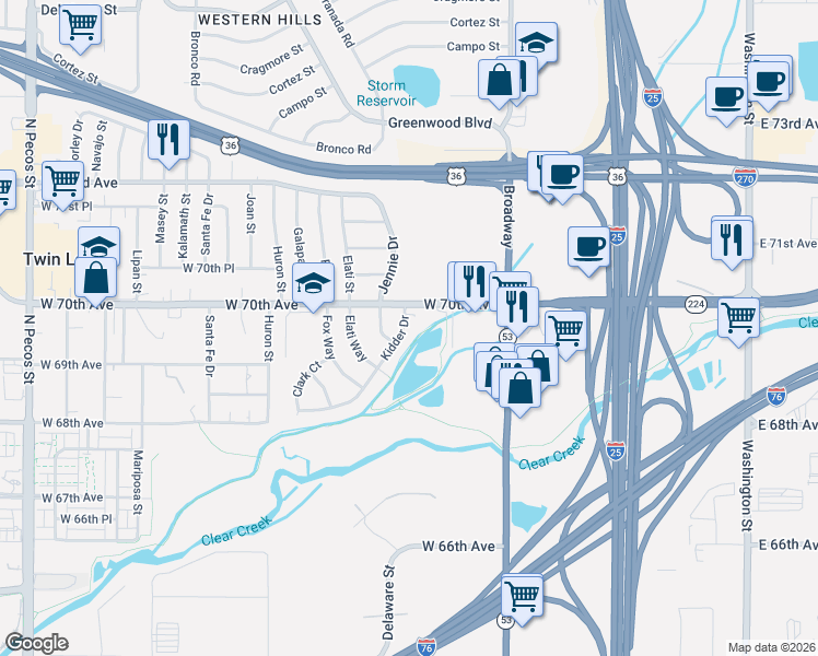 map of restaurants, bars, coffee shops, grocery stores, and more near 6998 Kidder Drive in Denver