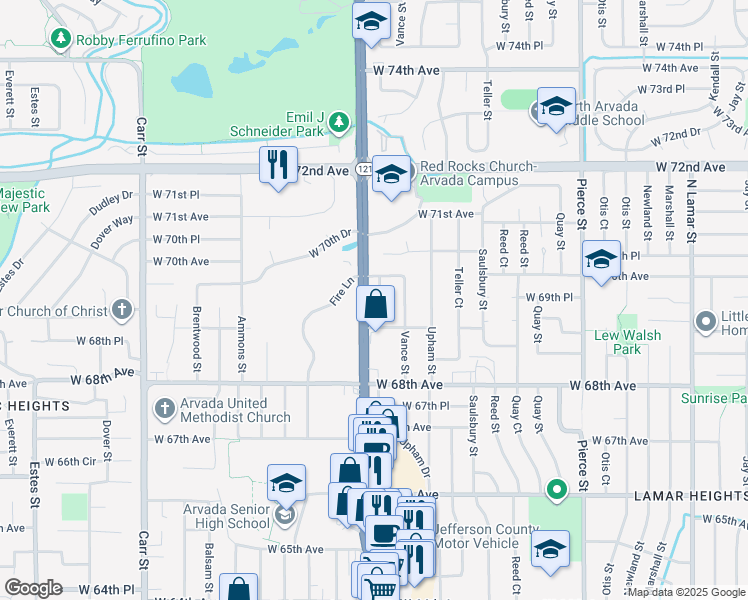 map of restaurants, bars, coffee shops, grocery stores, and more near 6965 Webster Street in Arvada