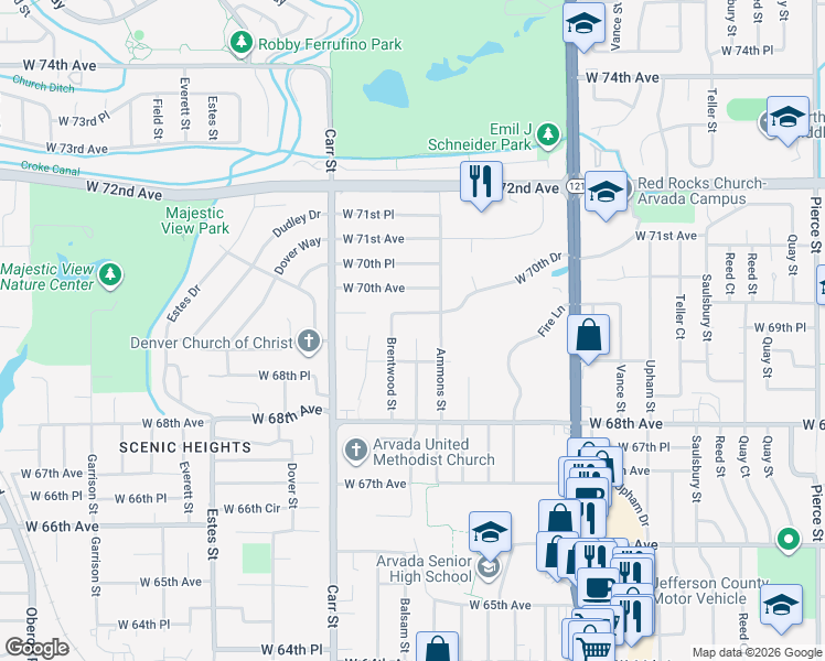 map of restaurants, bars, coffee shops, grocery stores, and more near 8259 West 69th Way in Arvada