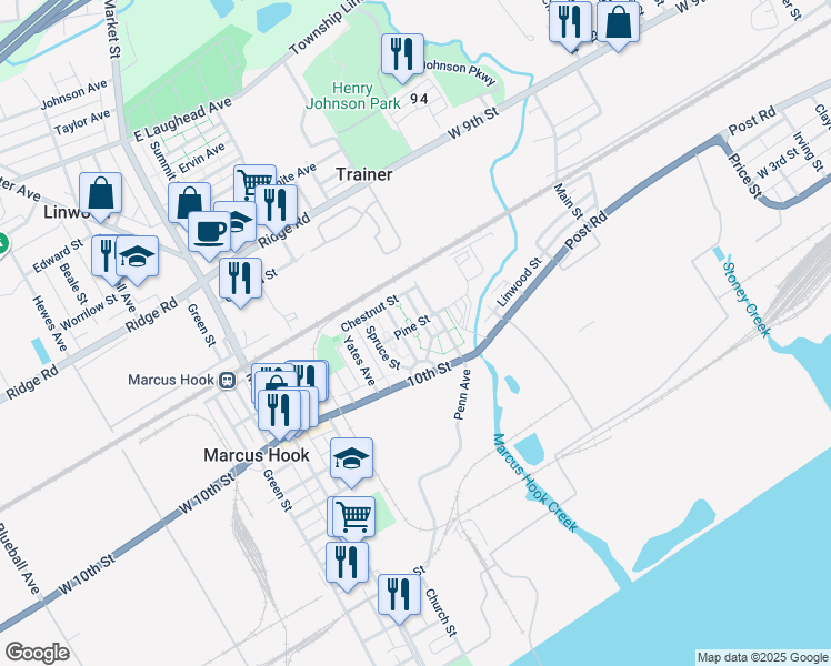 map of restaurants, bars, coffee shops, grocery stores, and more near 35 Cedar Street in Marcus Hook