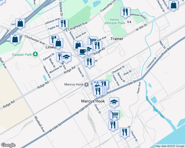 map of restaurants, bars, coffee shops, grocery stores, and more near 28 Morton Avenue in Linwood