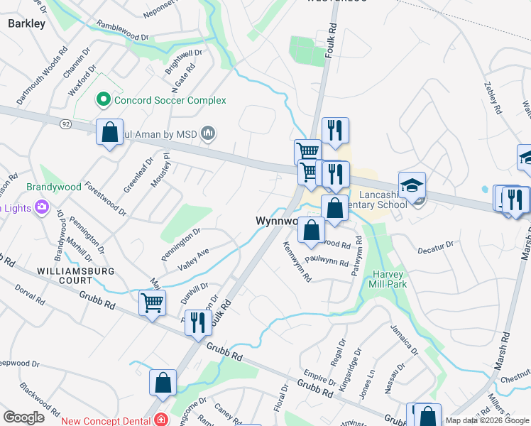 map of restaurants, bars, coffee shops, grocery stores, and more near 2305 Valley Avenue in Wilmington