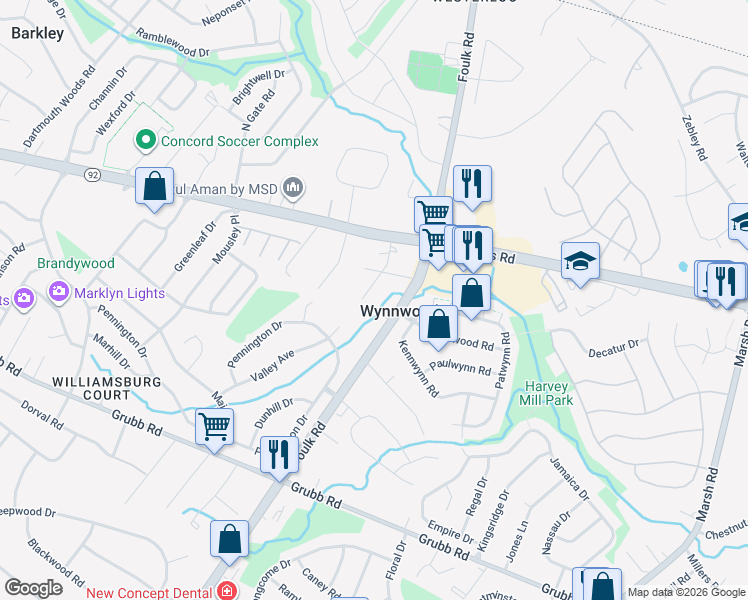 map of restaurants, bars, coffee shops, grocery stores, and more near 2305 Valley Avenue in Wilmington