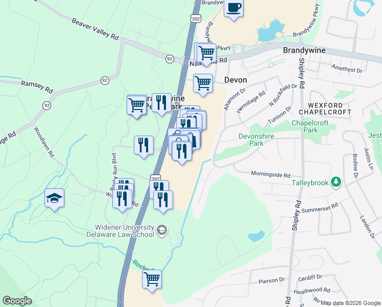 map of restaurants, bars, coffee shops, grocery stores, and more near 4737 U.S. 202 in Wilmington
