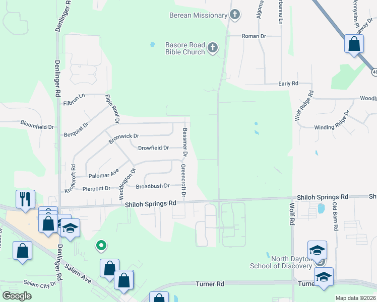 map of restaurants, bars, coffee shops, grocery stores, and more near 5320 Bessmer Drive in Dayton