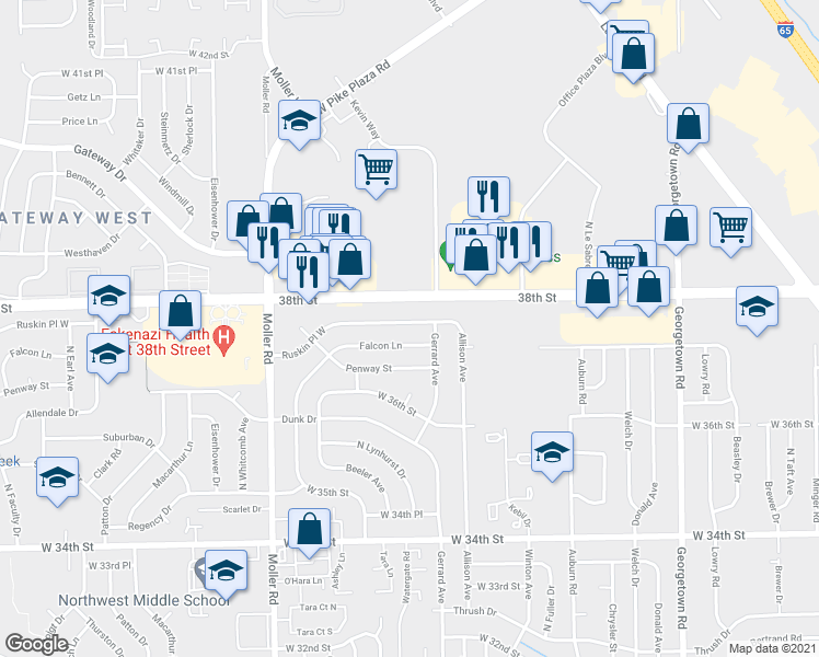 map of restaurants, bars, coffee shops, grocery stores, and more near 5243 Ruskin Place West in Indianapolis