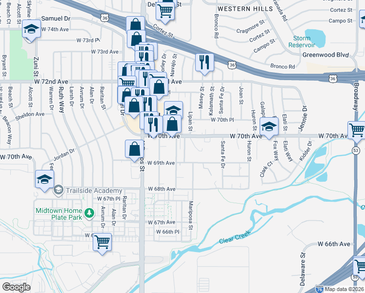 map of restaurants, bars, coffee shops, grocery stores, and more near 6990 Navajo Street in Denver