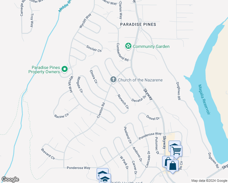 map of restaurants, bars, coffee shops, grocery stores, and more near 14197 Norwich Circle in Magalia