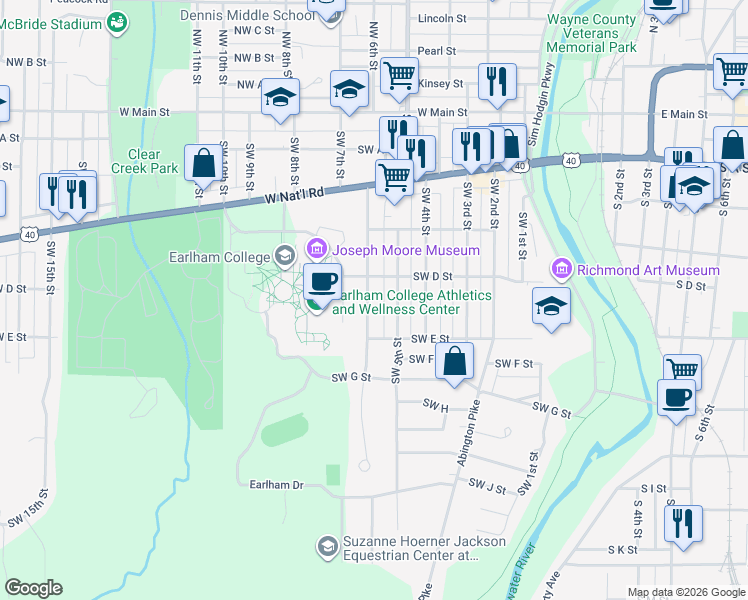 map of restaurants, bars, coffee shops, grocery stores, and more near 408 1/2 Southwest 5th Street in Richmond