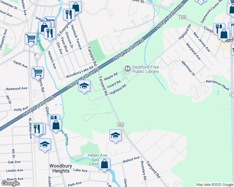 map of restaurants, bars, coffee shops, grocery stores, and more near 760 Highland Road in Deptford
