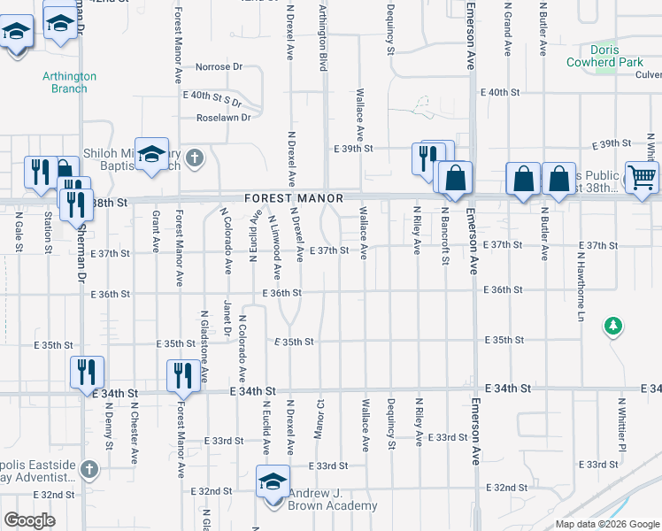 map of restaurants, bars, coffee shops, grocery stores, and more near 3702 Manor Court in Indianapolis