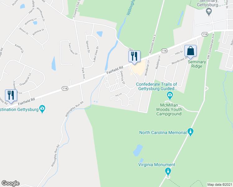 map of restaurants, bars, coffee shops, grocery stores, and more near 29 Ivy Lane in Gettysburg