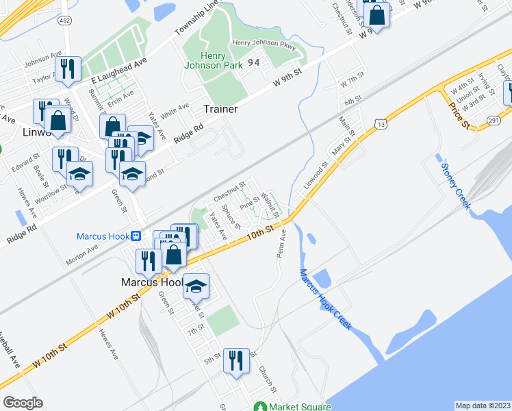 map of restaurants, bars, coffee shops, grocery stores, and more near 21 Cedar Street in Marcus Hook