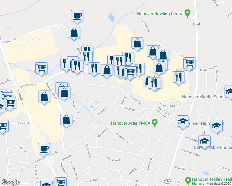 map of restaurants, bars, coffee shops, grocery stores, and more near 326 Fox Knoll Court in Hanover