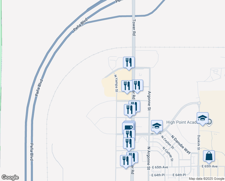 map of restaurants, bars, coffee shops, grocery stores, and more near 6851 Yampa Street in Denver