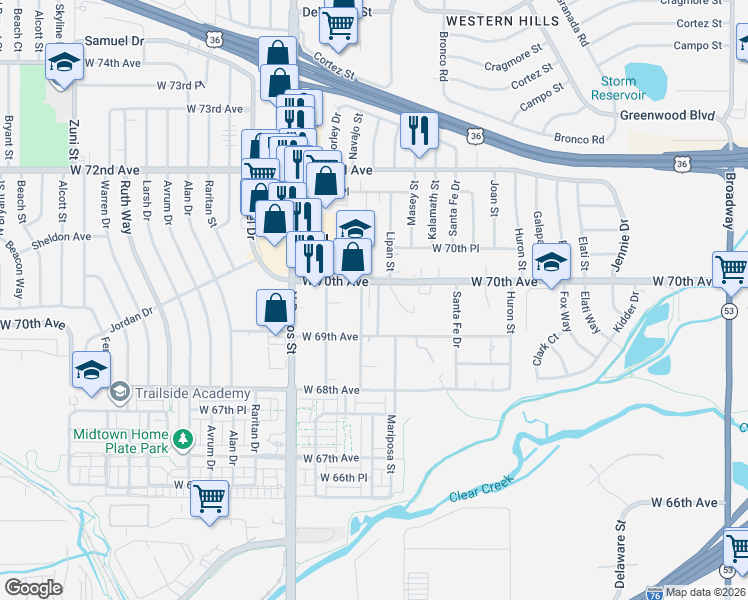 map of restaurants, bars, coffee shops, grocery stores, and more near 6990 Navajo Street in Denver
