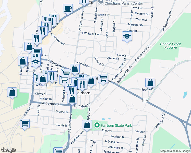 map of restaurants, bars, coffee shops, grocery stores, and more near 219 Victory Drive in Fairborn