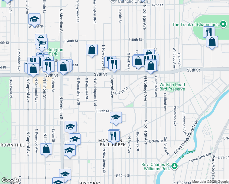 map of restaurants, bars, coffee shops, grocery stores, and more near 3727 Central Avenue in Indianapolis