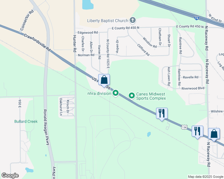 map of restaurants, bars, coffee shops, grocery stores, and more near 10249 Crawfordsville Road in Brownsburg