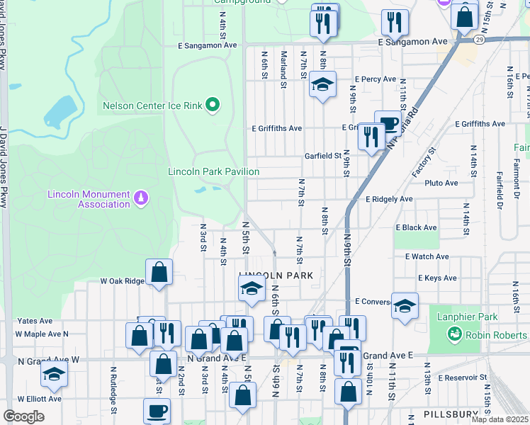 map of restaurants, bars, coffee shops, grocery stores, and more near 610 East Ridgely Avenue in Springfield