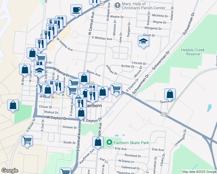 map of restaurants, bars, coffee shops, grocery stores, and more near 219 Victory Drive in Fairborn