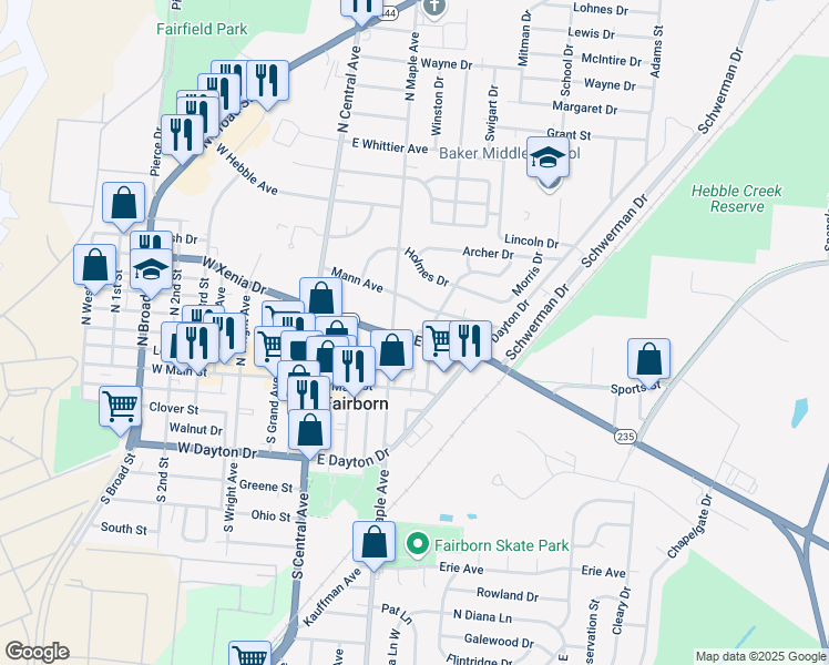 map of restaurants, bars, coffee shops, grocery stores, and more near 219 Victory Drive in Fairborn